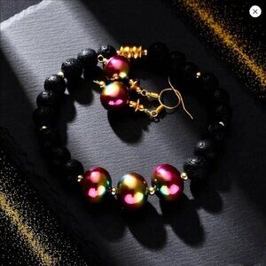 GIFT SET! Magenta Rose Gold + Lava Rock Beads ~ Vibrant Bold Bracelet + Earrings